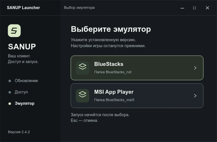 Предпросмотр выбора BlueStacks или MSI App Player